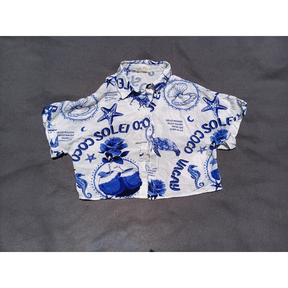 Sunburst Kiss Medium White Blue Coastal Seashell Starfish Crop Beachy Resort Top